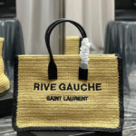 Saint Laurent Rive Gauche Tote Bag In Raffia And Leather Apricot